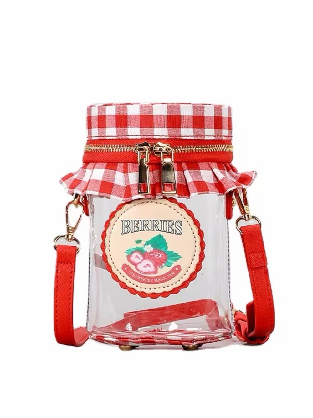 Strawberry Berries Clear Jar Crossbody Bag - Red & White